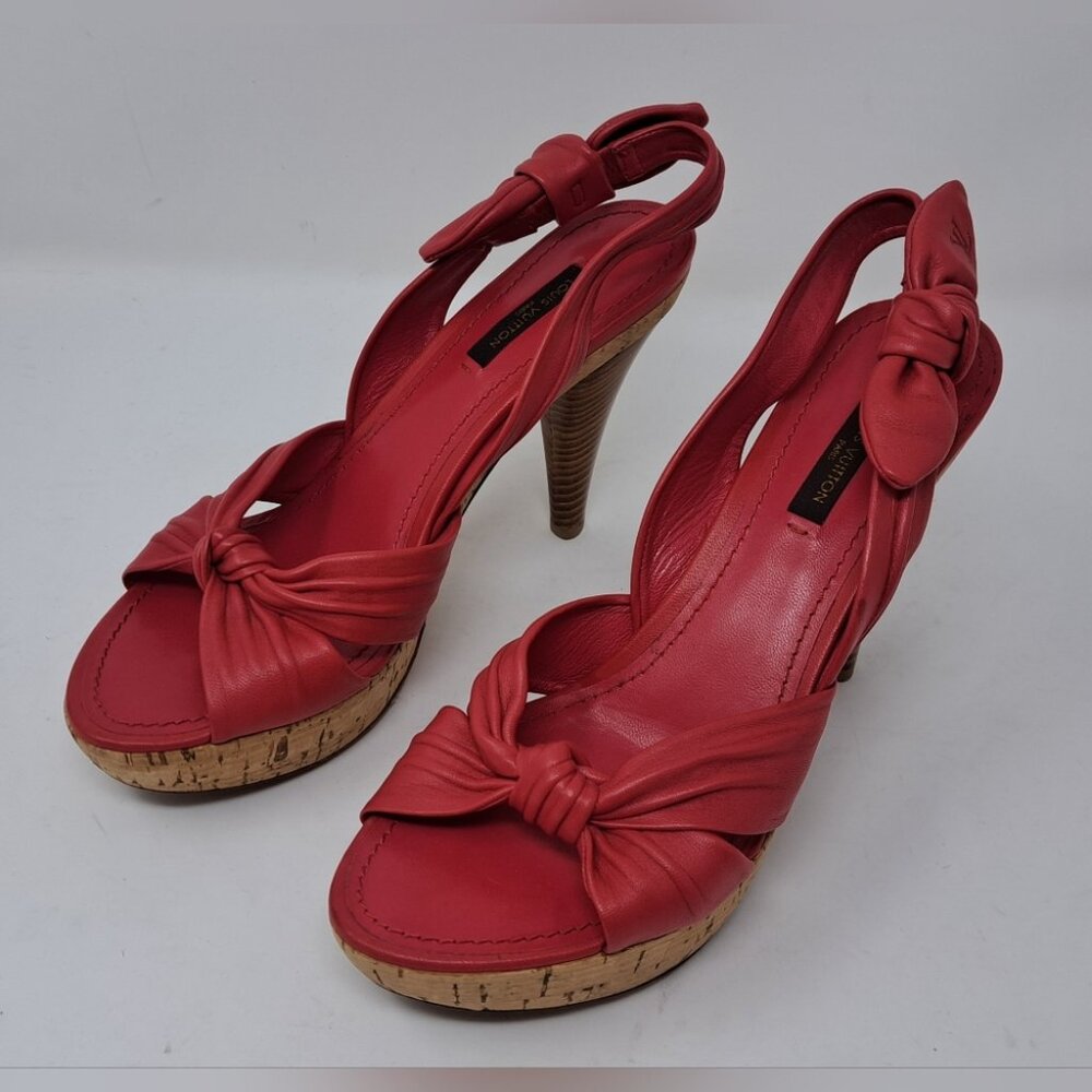 Louis Vuitton Red Leather Platform Slingback Sandals Deerskin Cork 37.5 EU / 7.5 - Picture 2 of 16